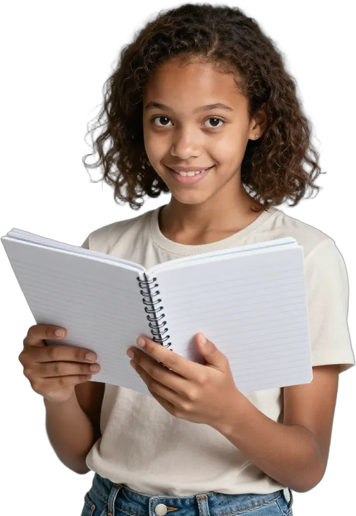 A girl holding two notebooks side by side, comparing them