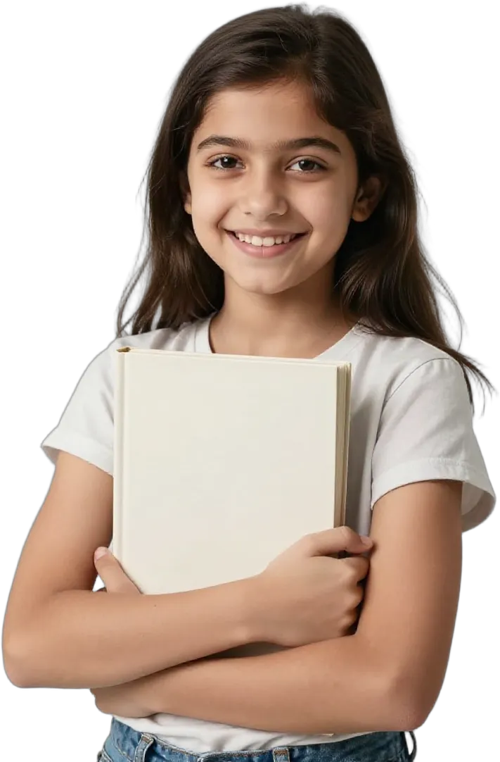 A smiling girl hugging a book