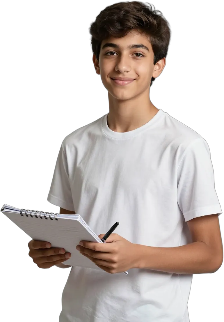 A teenage boy holding a binder of notes and a pen
