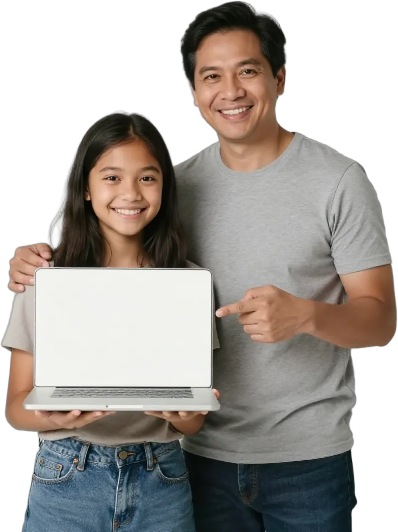 A girl applying on a laptop with her father beside her