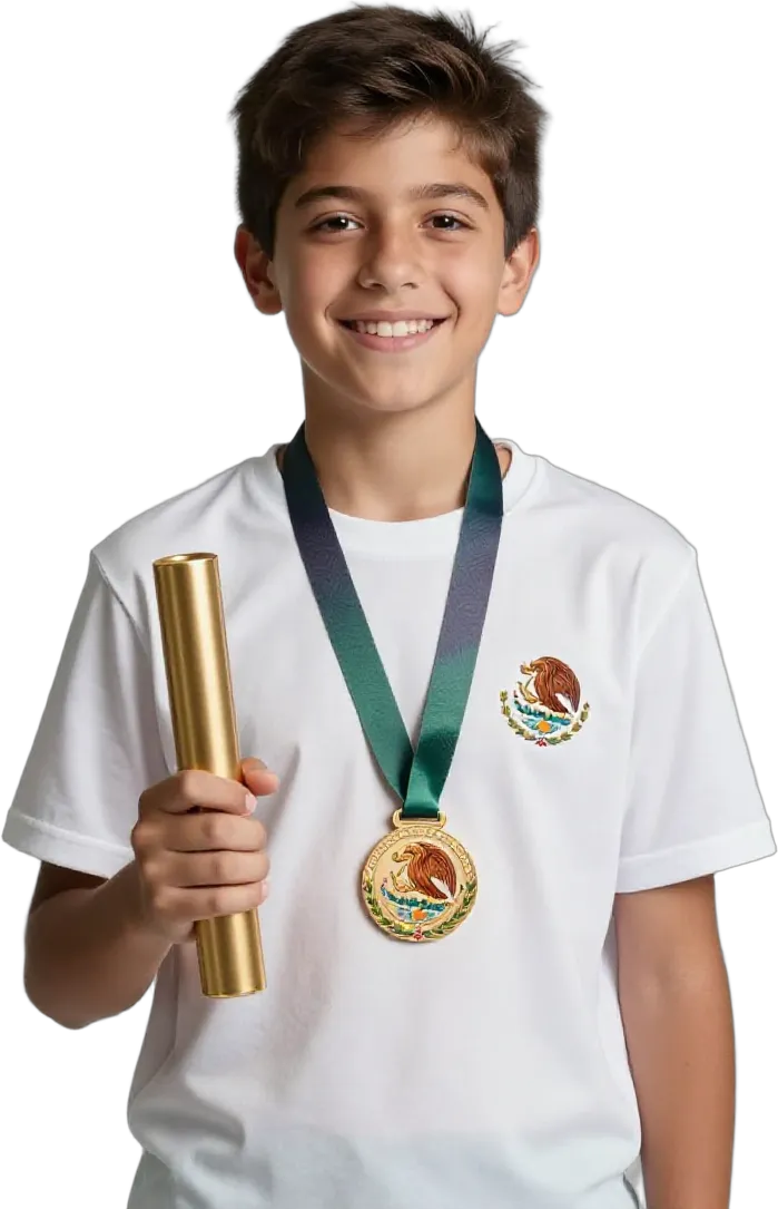 A boy holding a relay baton and a medal