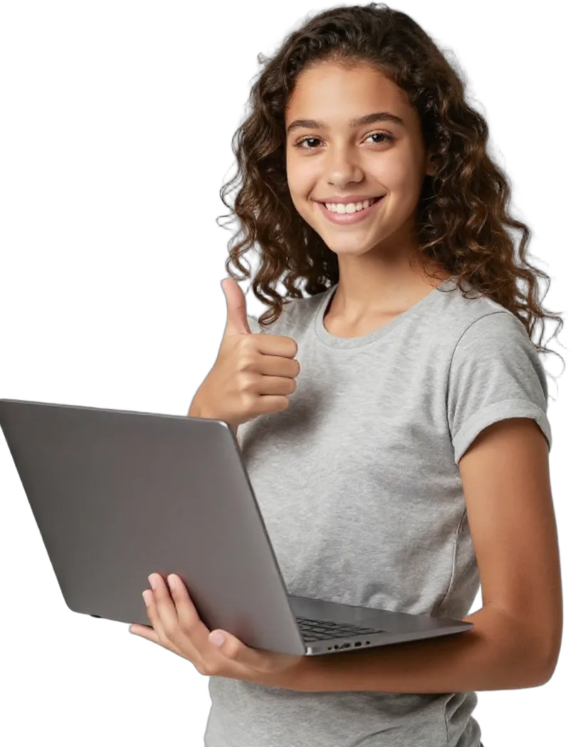 A smiling girl holding her laptop and giving a thumbs up