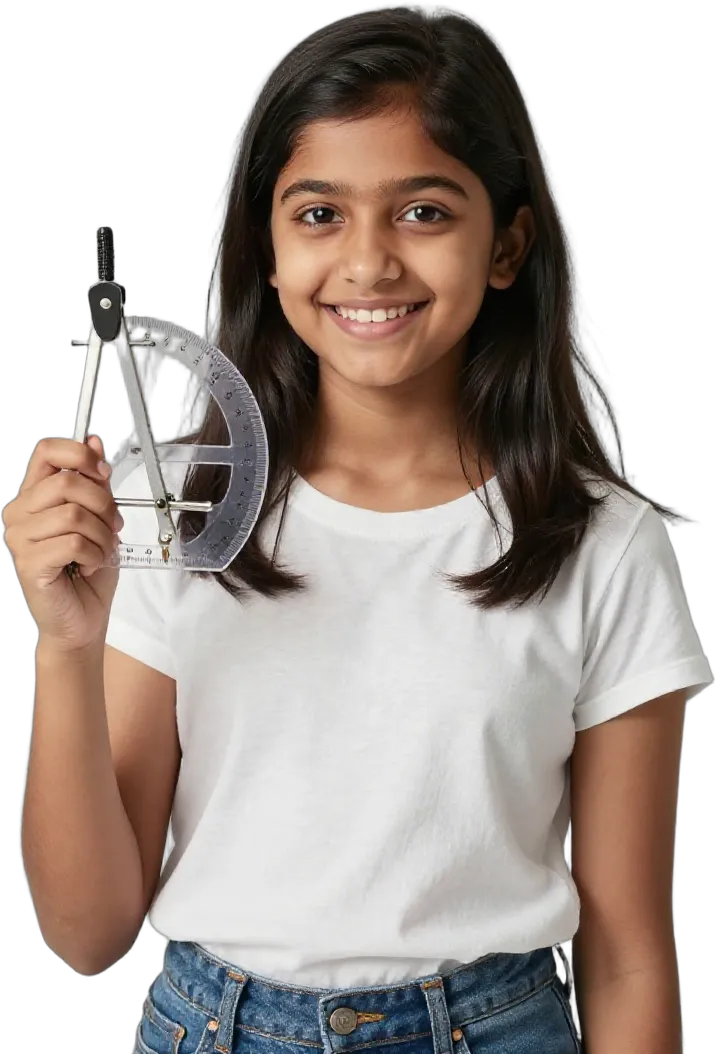 A smiling girl holding a geometry compass and protractor