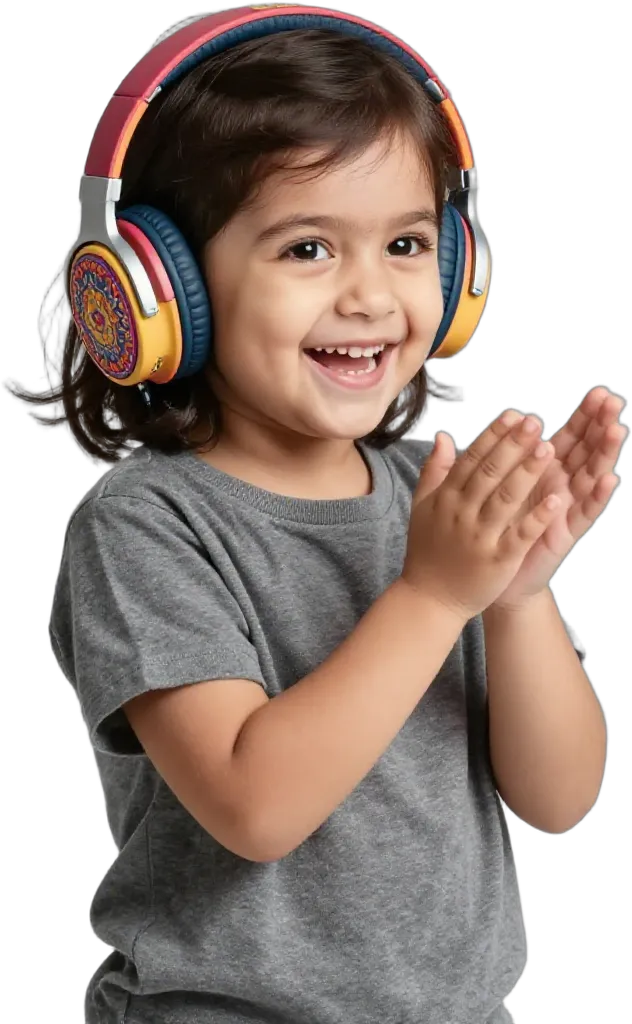A joyful young girl in kids headphones clapping her hands