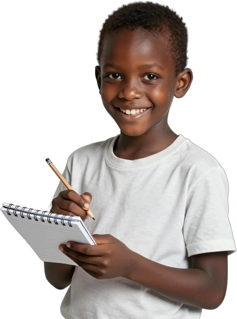 A cheerful boy holding his pencil and notebook