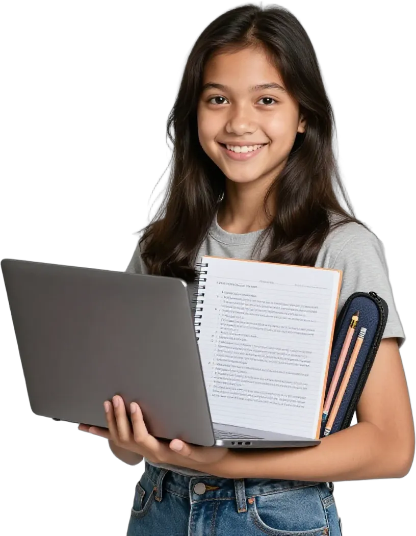 A girl holding her laptop, workbook and pencil case