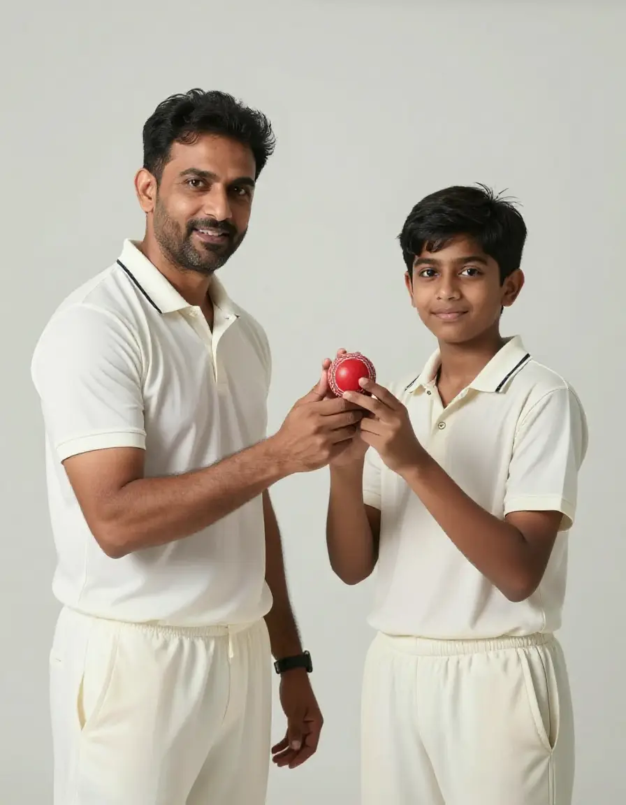 A cricket coach showing a young boy how to grip a cricket ball