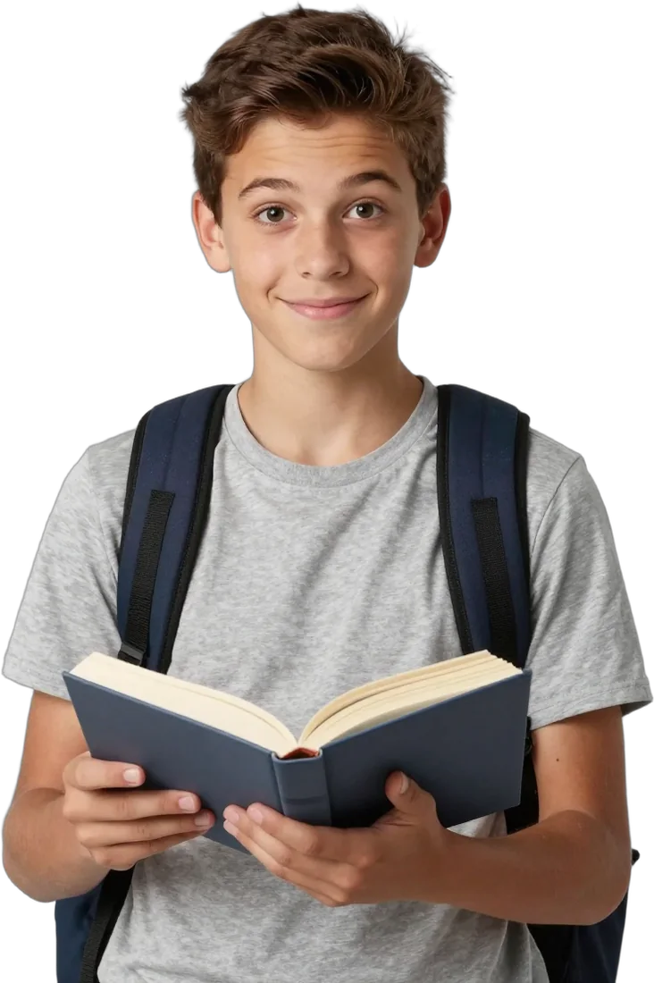 A boy with a backpack holding an open book