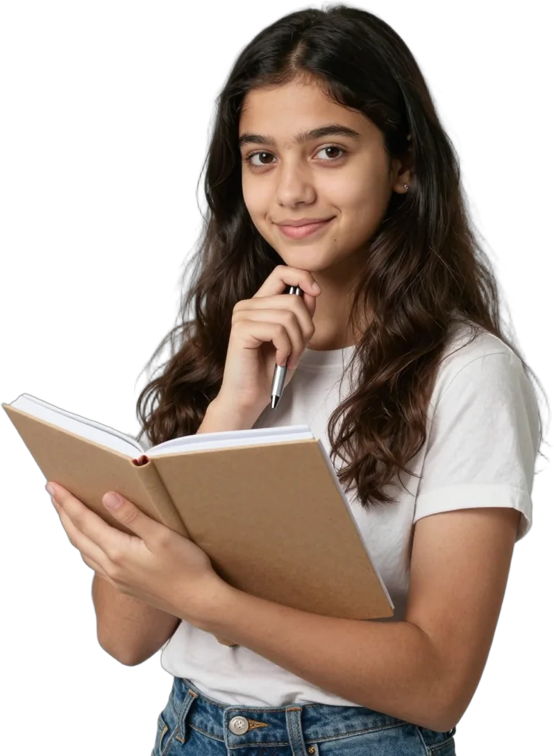A teenage girl holding a journal