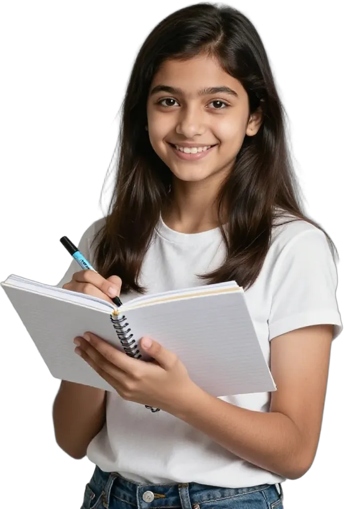 A smiling teenage learner writing in her notebook