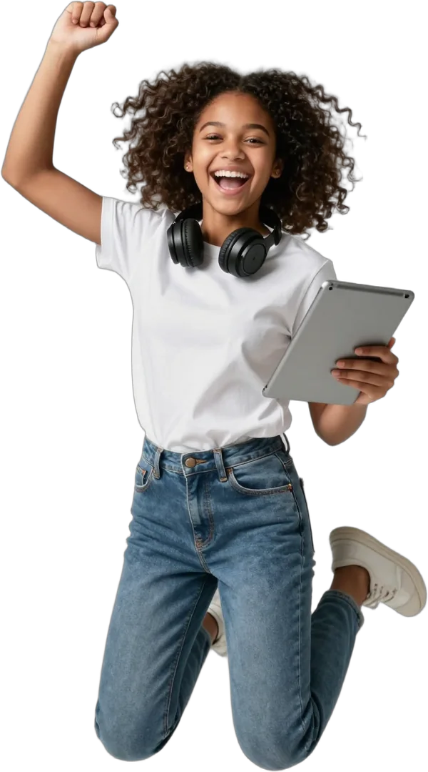 A joyful girl leaping in celebration with a tablet in her hand