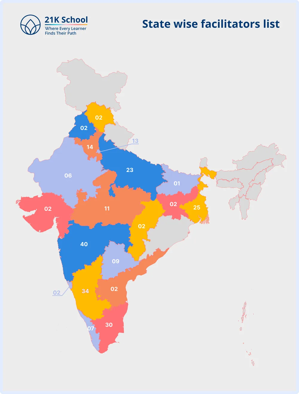 21K School map of its facilitators across the states of India