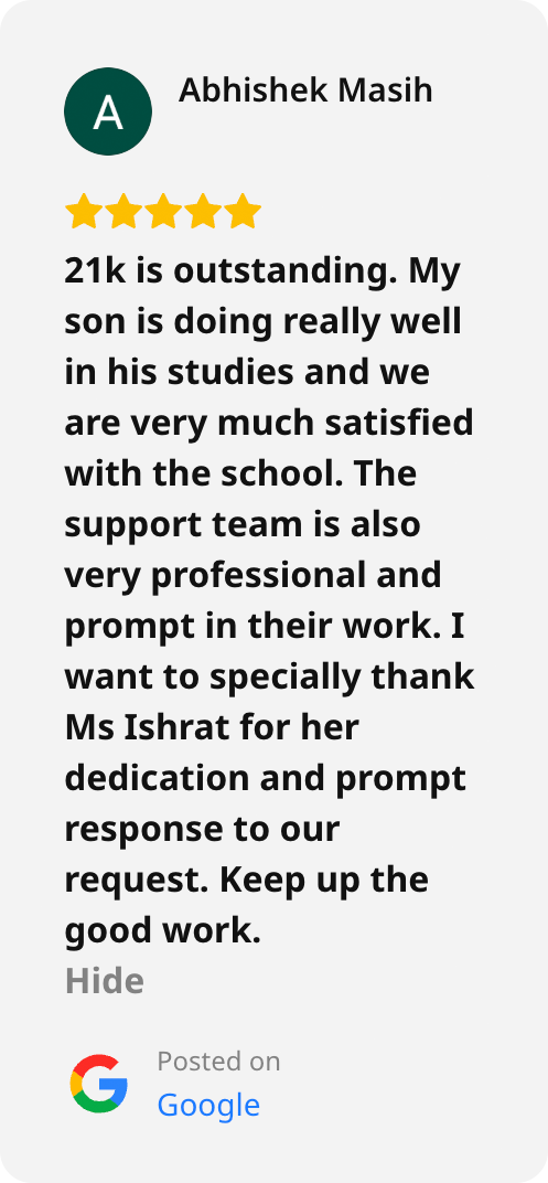 Screenshot of a Google review of 21K School left by Abhishek Masih