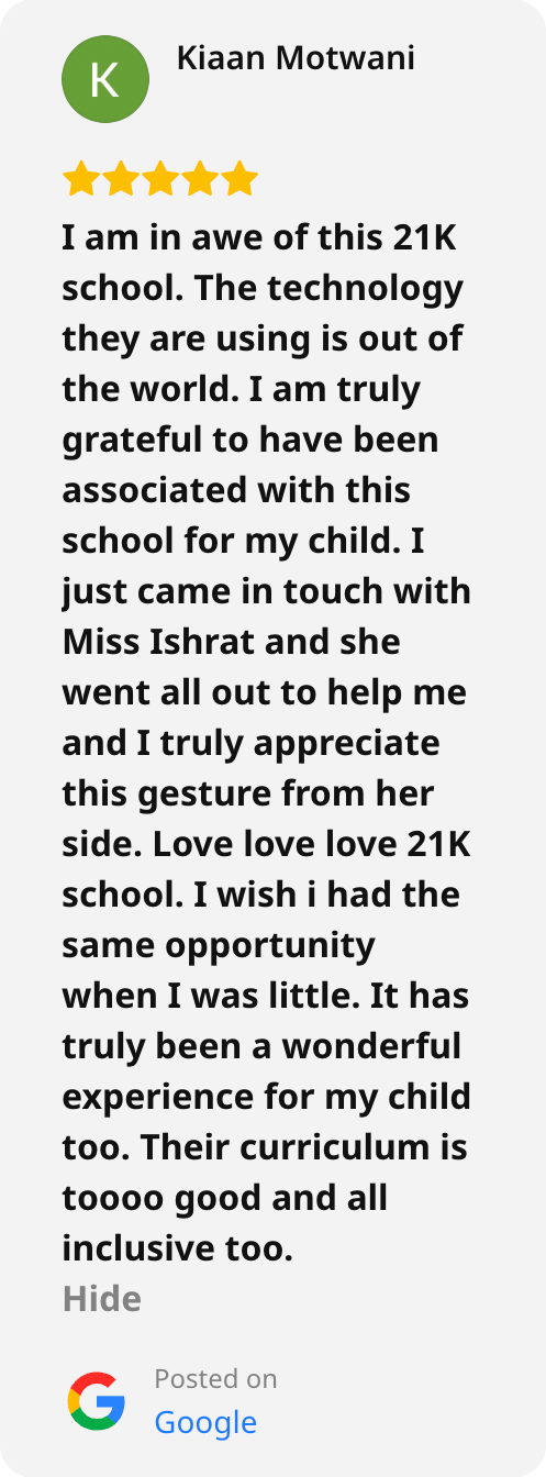 Screenshot of a Google review of 21K School left by Kiaan
