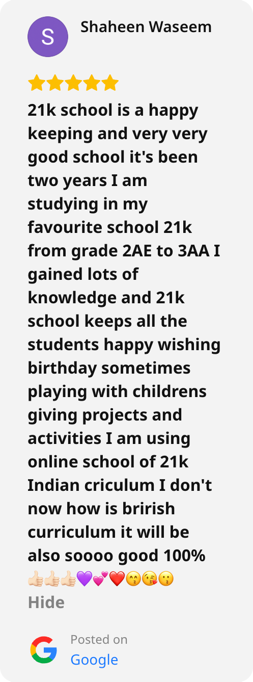 Screenshot of a Google review of 21K School left by Shaheen