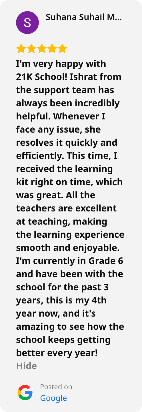 Screenshot of a Google review of 21K School left by Suhana