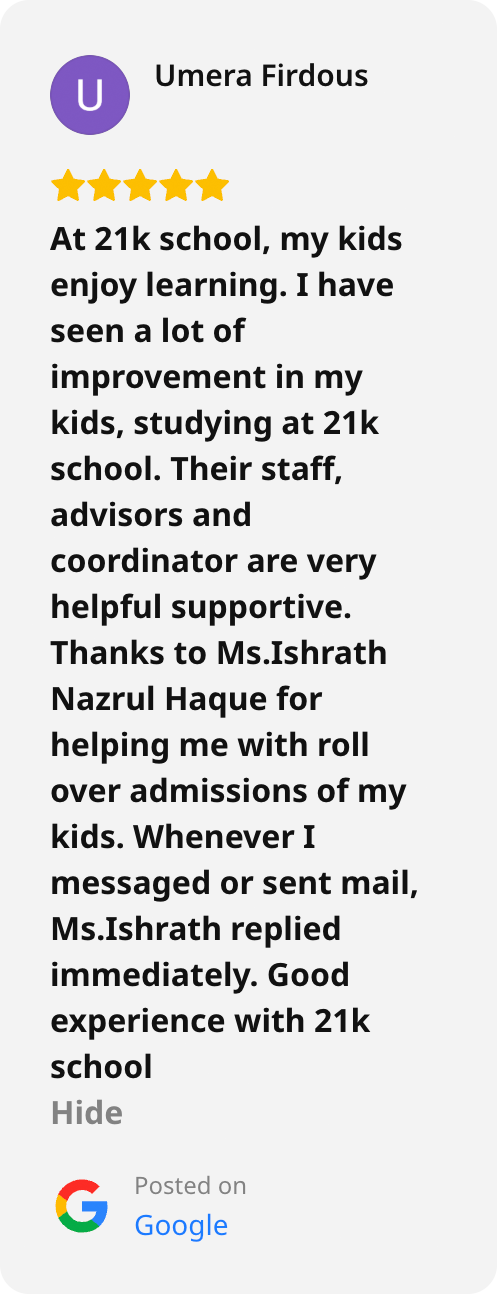 Screenshot of a Google review of 21K School left by Umera
