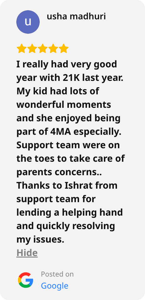 Screenshot of a Google review of 21K School left by Usha