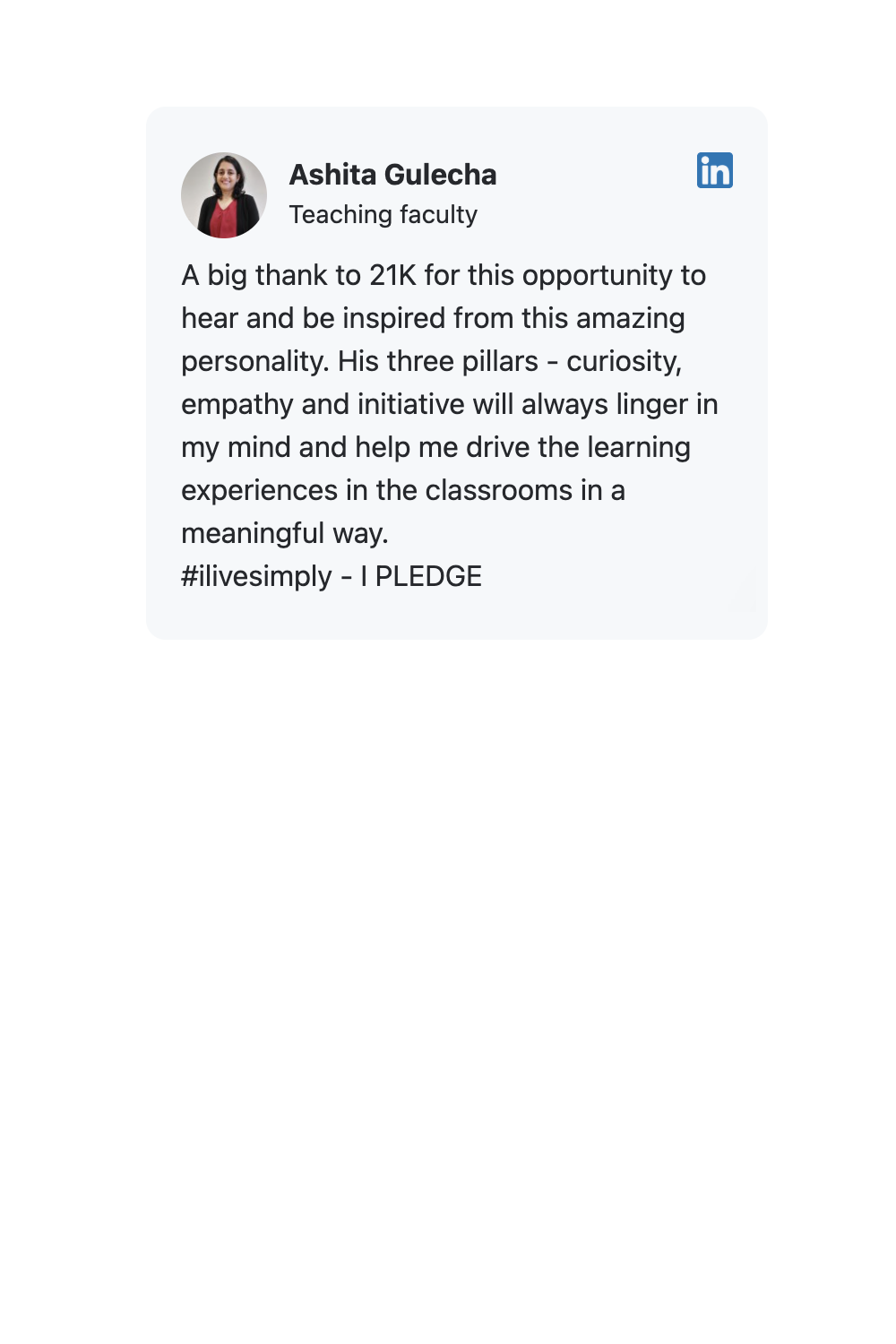 Screenshot of a LinkedIn post about 21K School — Ashita Gulecha