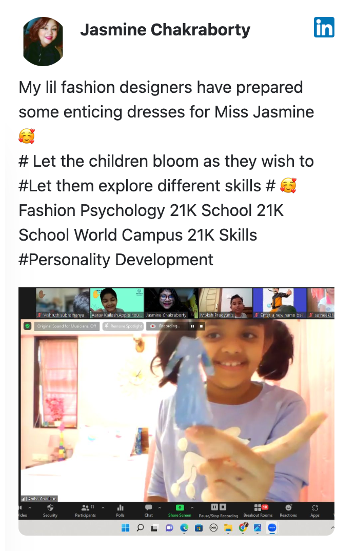 Screenshot of a LinkedIn post about 21K School — Jasmine
