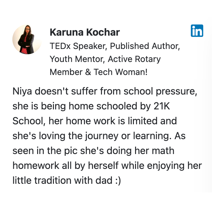 Screenshot of a LinkedIn post about 21K School — Karuna