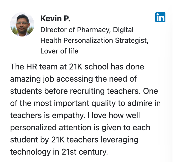 Screenshot of a LinkedIn post about 21K School — Kevin