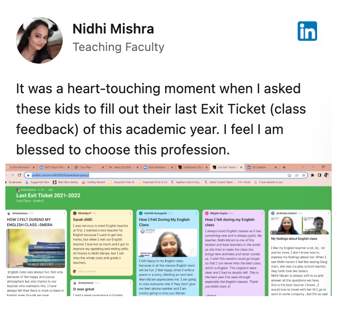 Screenshot of a LinkedIn post about 21K School — Nidhi