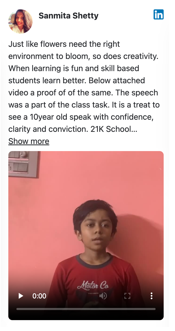 Screenshot of a LinkedIn post about 21K School — Sanmita