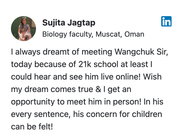 Screenshot of a LinkedIn post about 21K School — Sujita