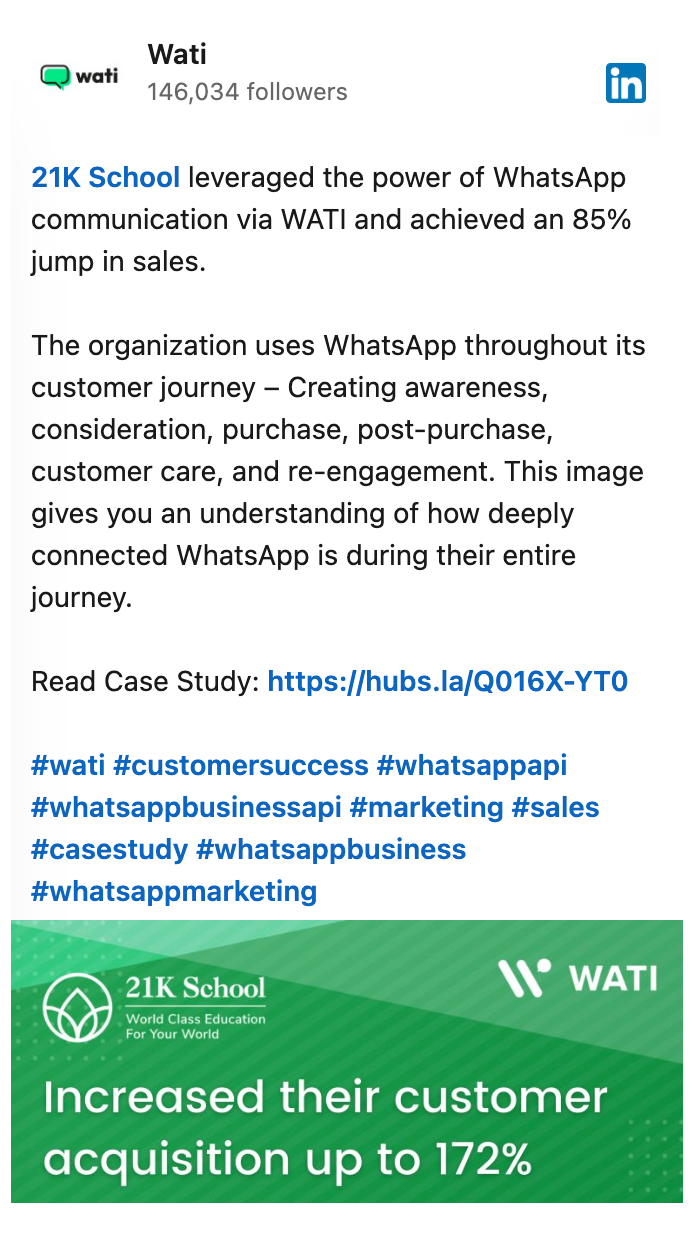Screenshot of a LinkedIn post about 21K School — Wati