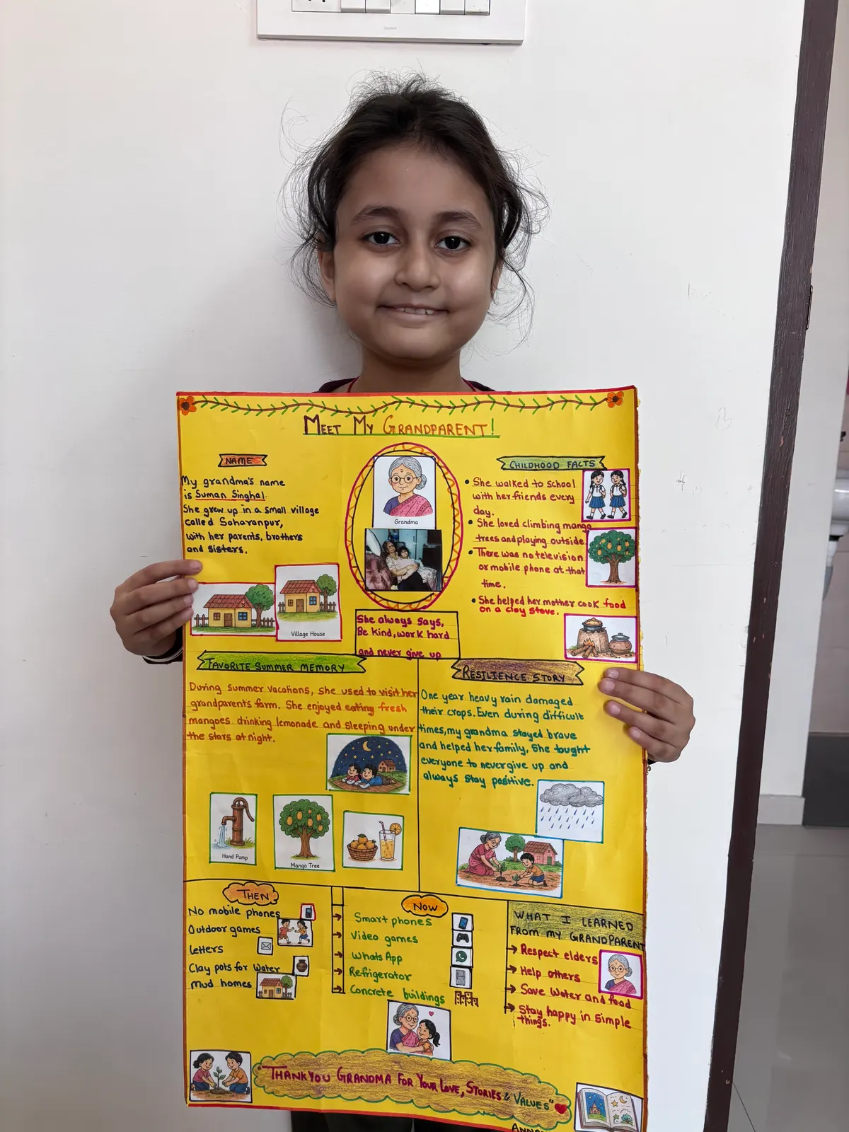 A learner presenting her illustrated project poster