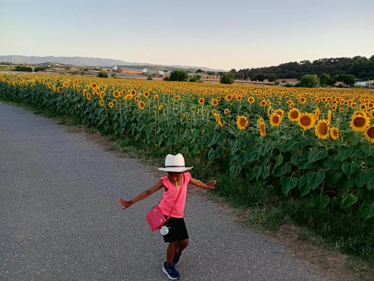 A young girl dancing along a path beside a field of sunflowers