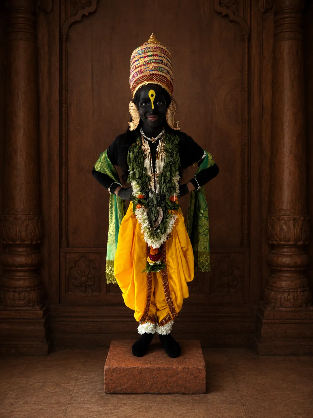 A young learner dressed as Lord Vitthal for a cultural performance
