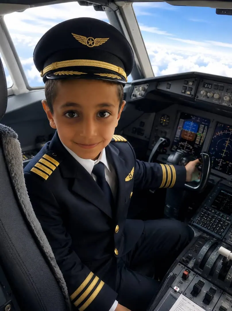 A young learner in a pilot’s uniform sitting in an aircraft cockpit