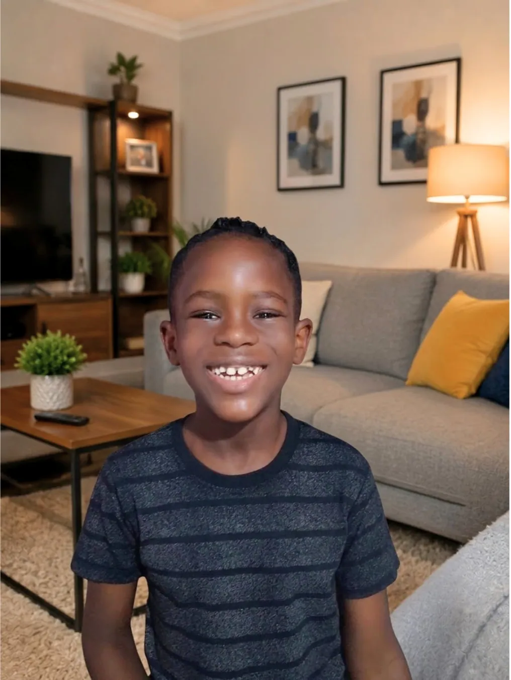 A smiling learner in the living room at home