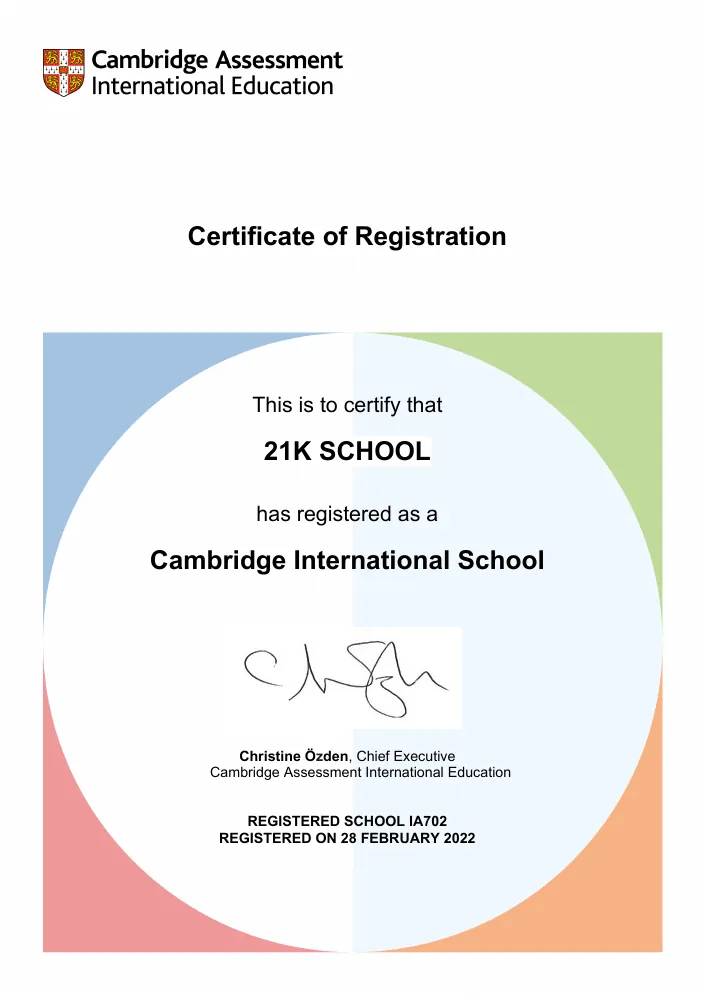 Cambridge Assessment International Education certificate of registration for 21K School