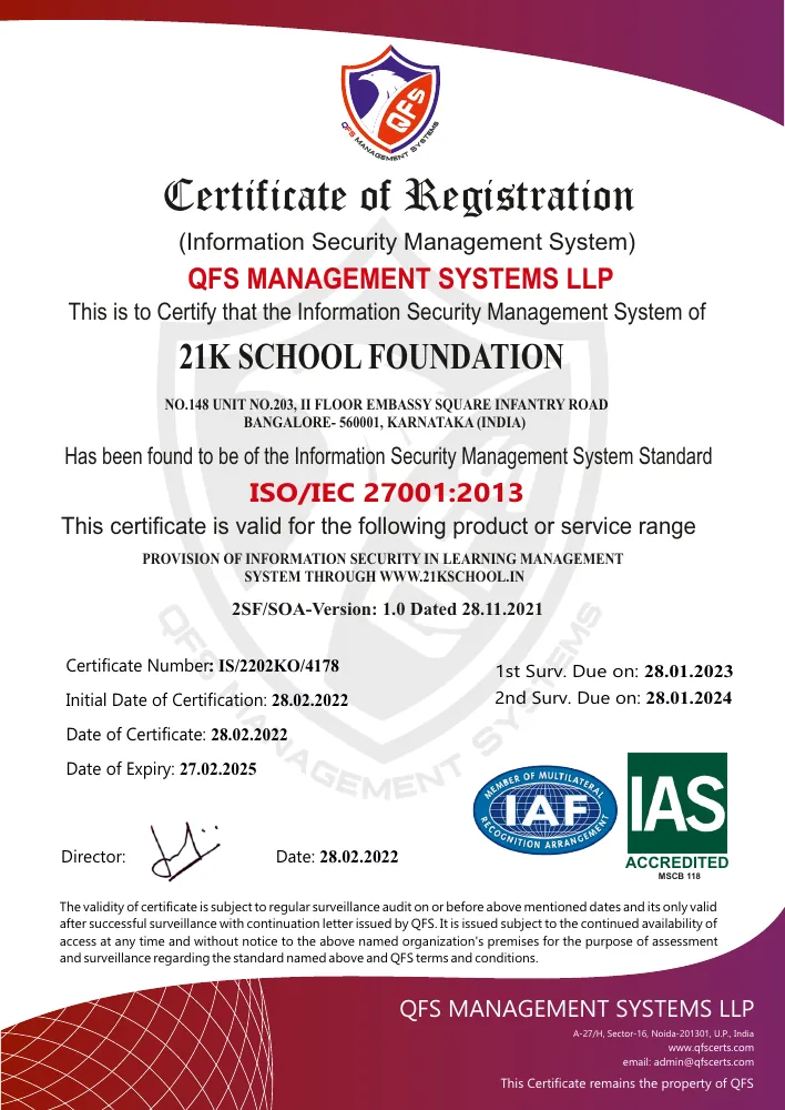 ISO/IEC 27001:2013 certificate of registration for 21K School Foundation