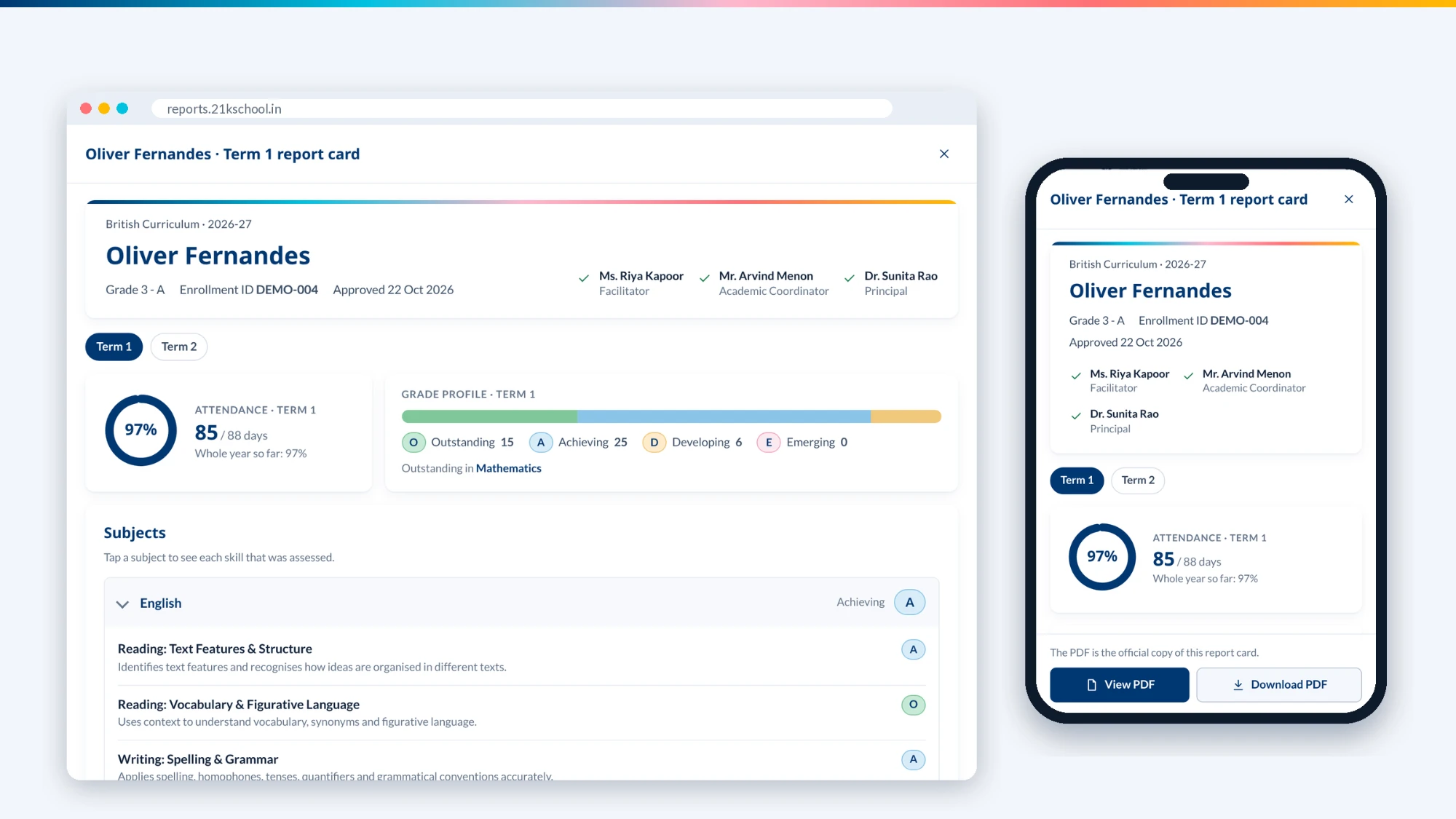 A Term 1 report card at reports.21kschool.in, open in a laptop browser and on a phone: attendance, grade profile and subject skills for a demo learner.