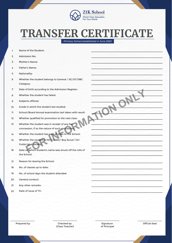 Sample transfer certificate, marked for information only