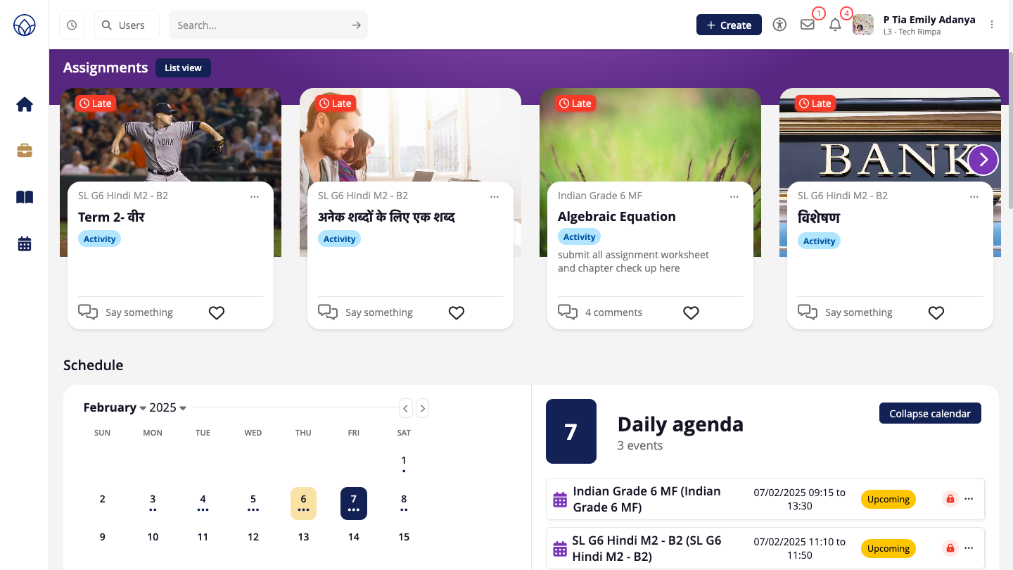 The 21K learning platform showing language class activities and a daily agenda